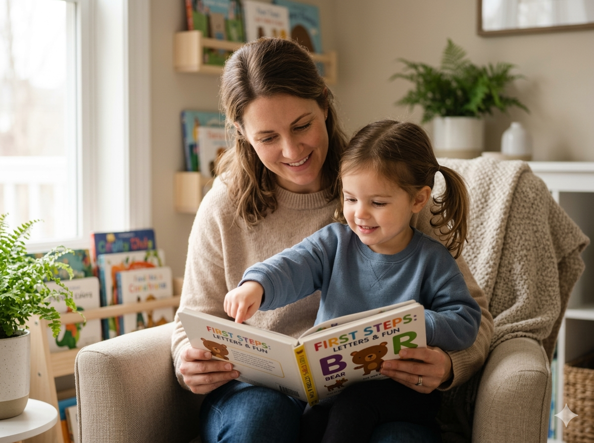 Parent helping child read