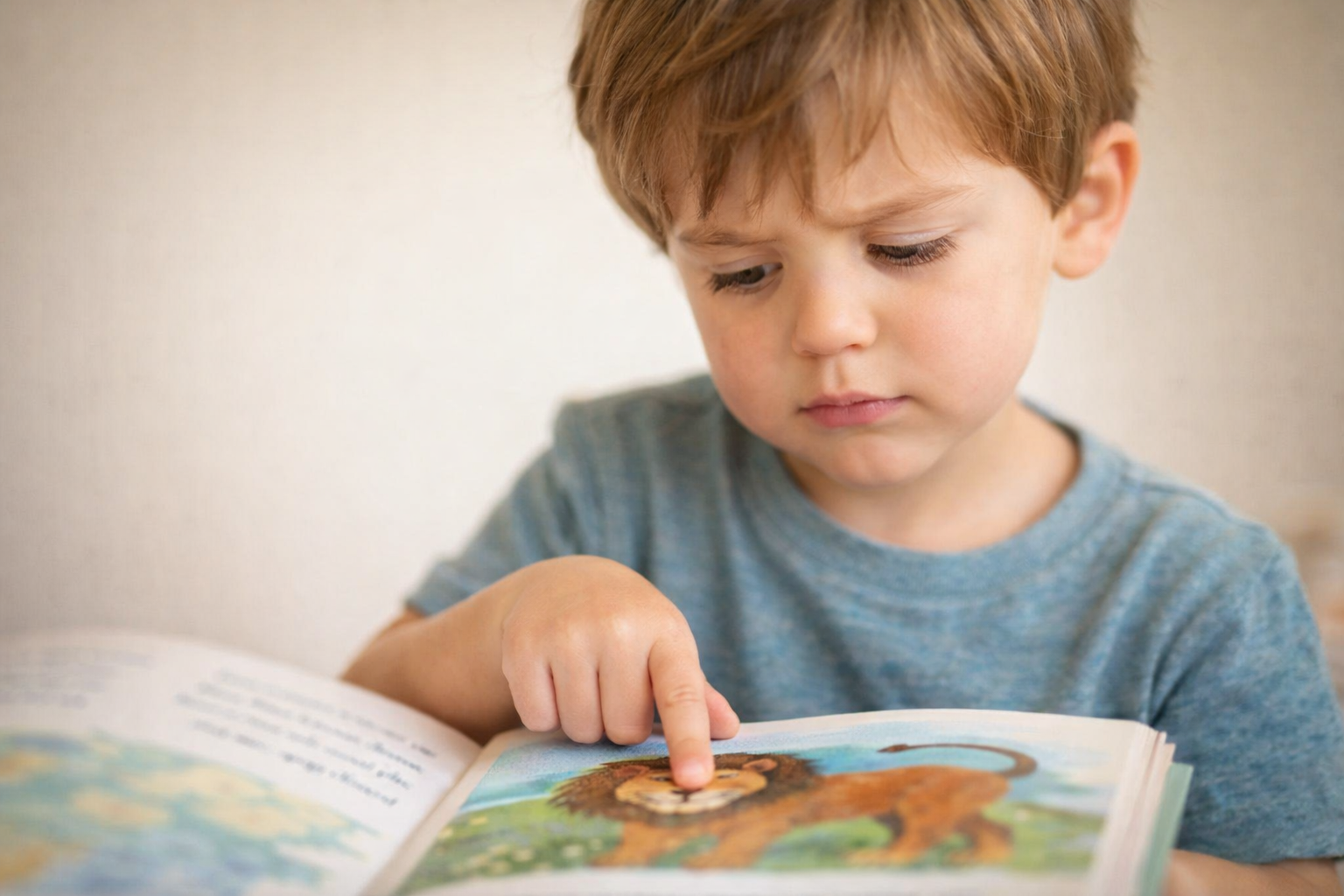 Child guessing while reading a book